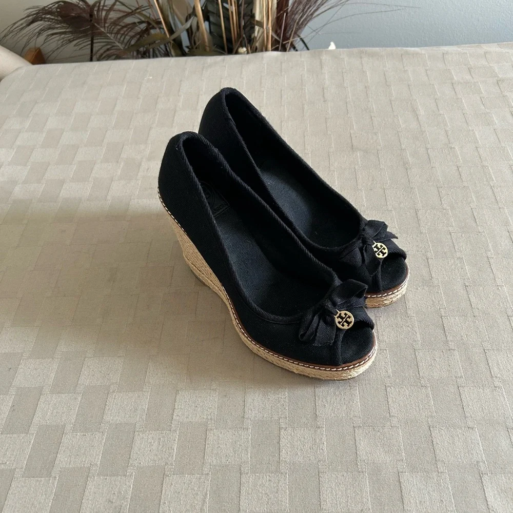Tory Burch Jackie Canvas Bow Espadrille Wedge Pumps